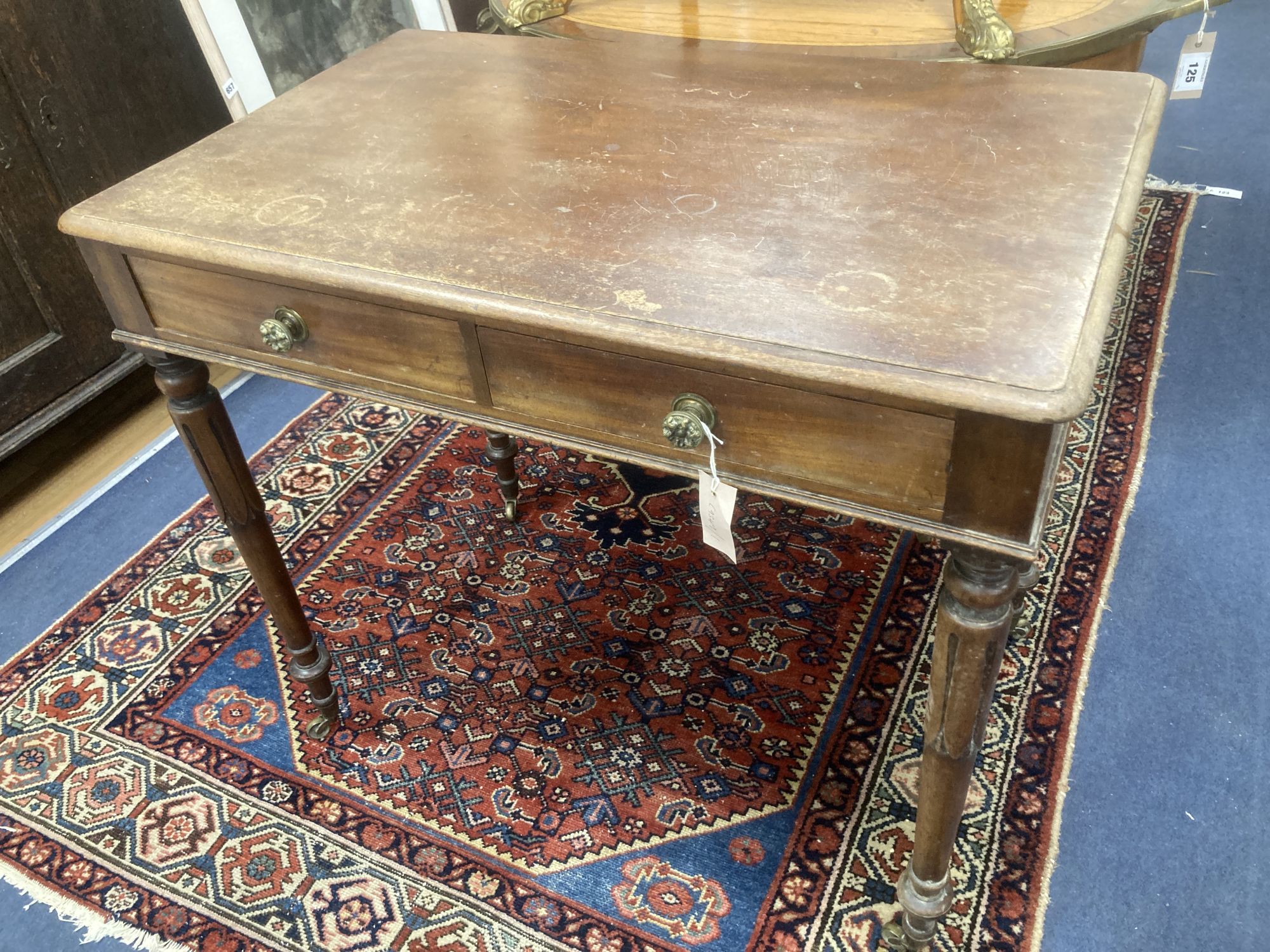 A William IV mahogany two drawer side table, width 84cm, depth 52cm, height 74cm